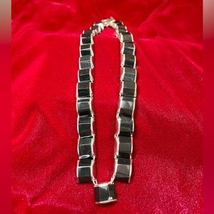 Vintage Mexican Sterling Silver and Onyx Link Necklace 14” from clasp to clasp